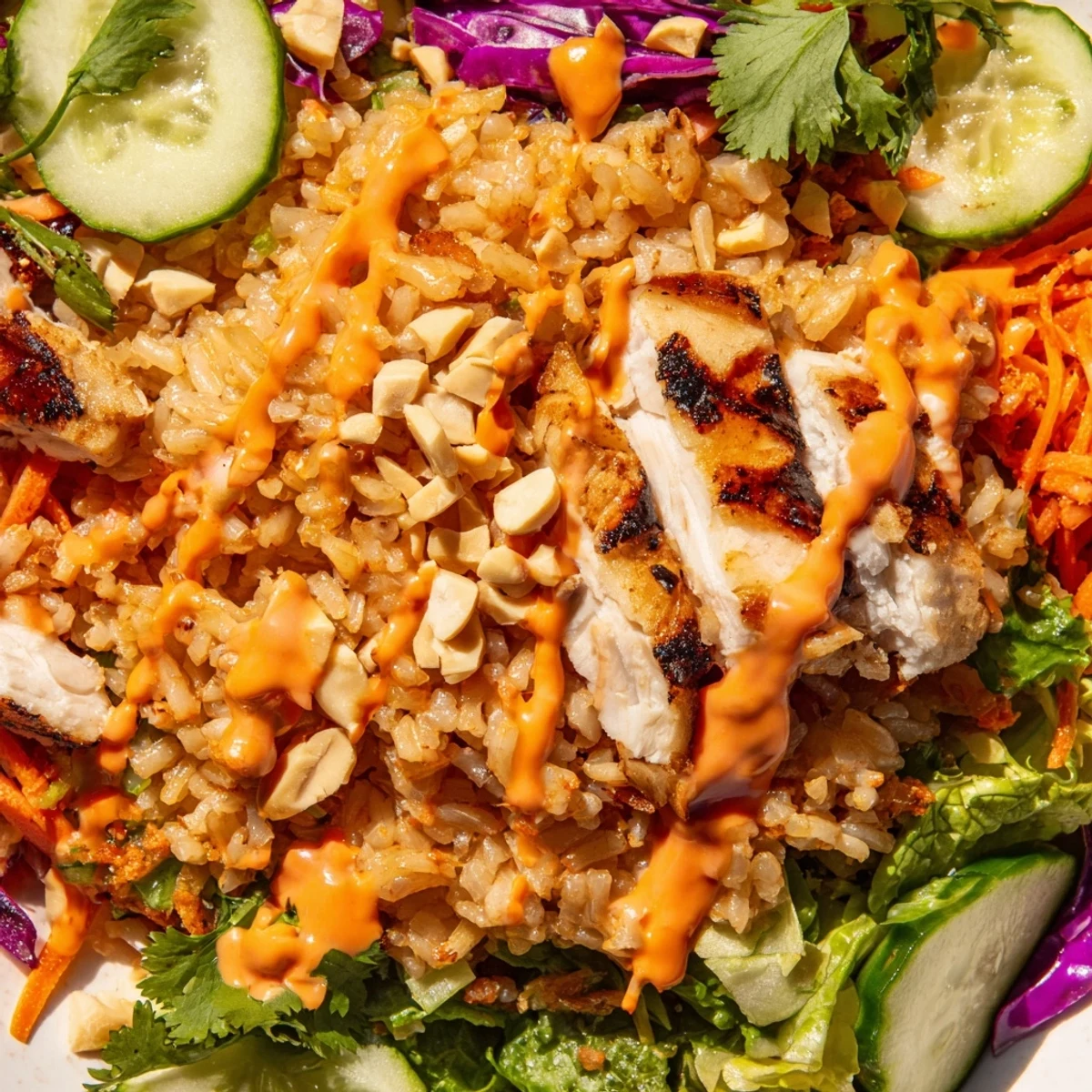 Creamy spicy sauce drizzles over fresh vegetables and crunchy rice in this colorful salad
