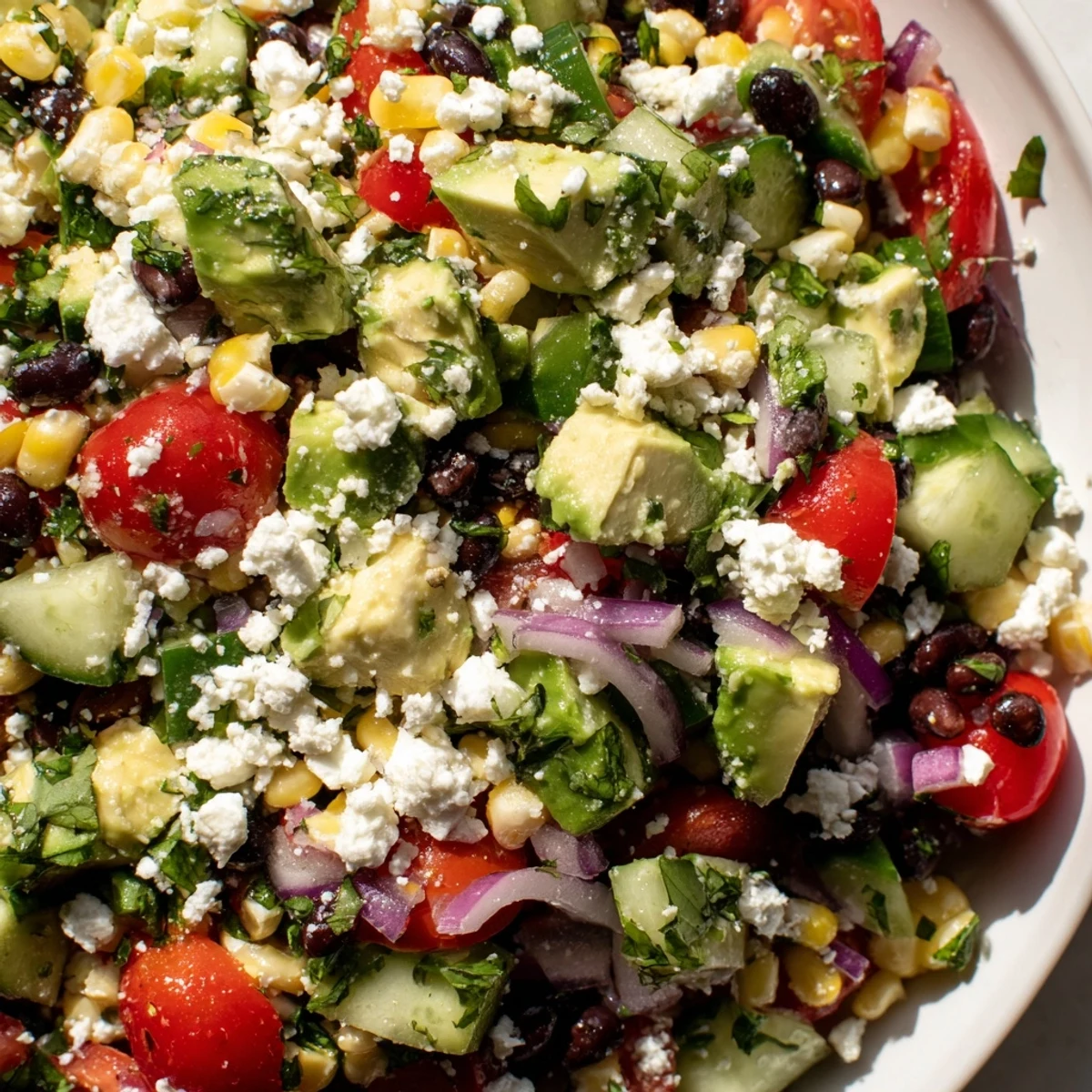 Colorful Mexican chopped salad in a white bowl with fresh vegetables and creamy avocado