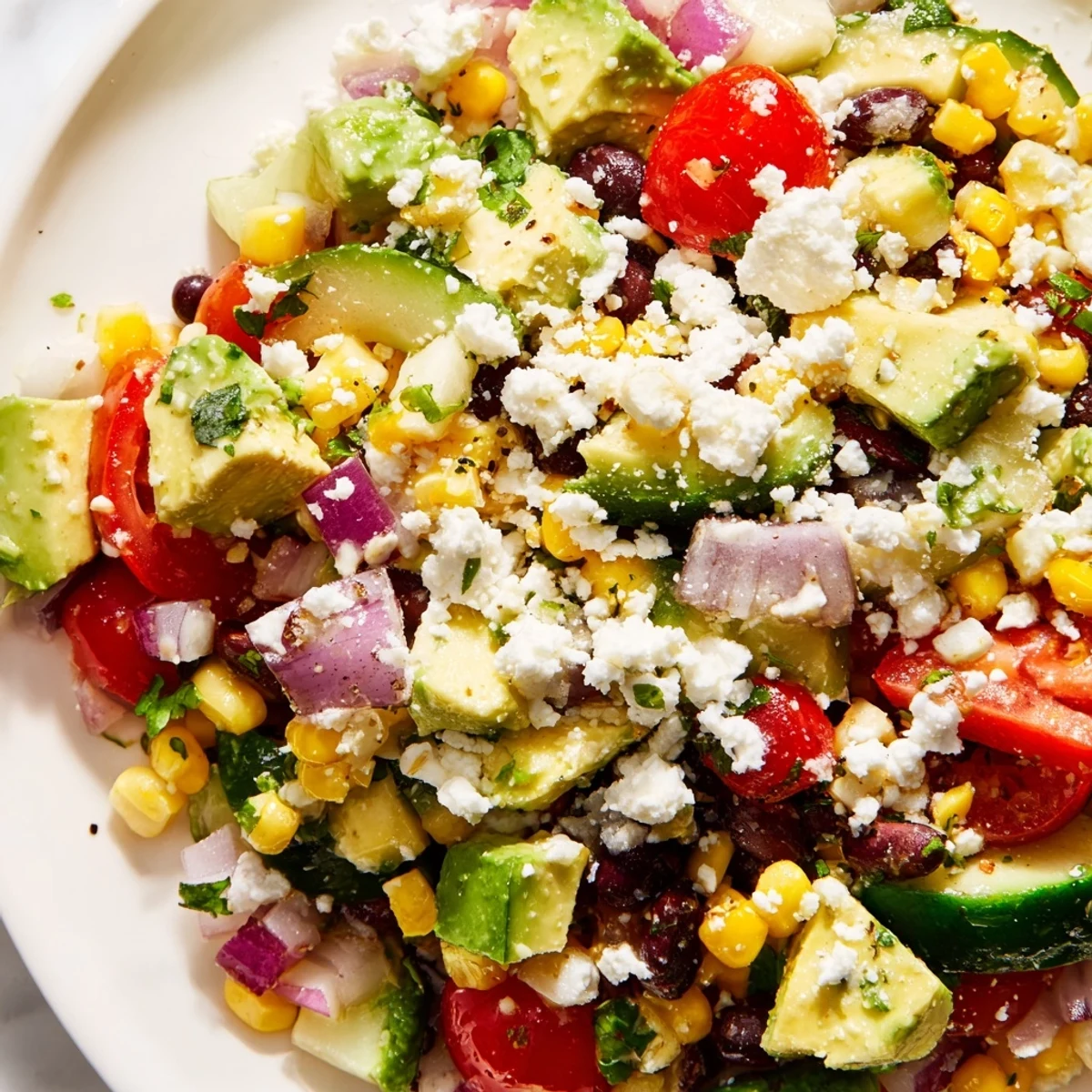 Mexican chopped salad topped with crumbled cotija cheese and drizzled with lime dressing