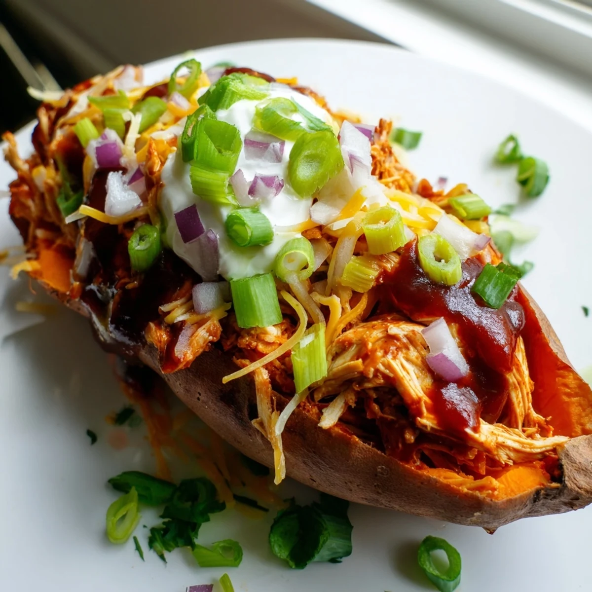 BBQ Chicken Stuffed Sweet Potatoes loaded with melted cheddar and vibrant green onion toppings