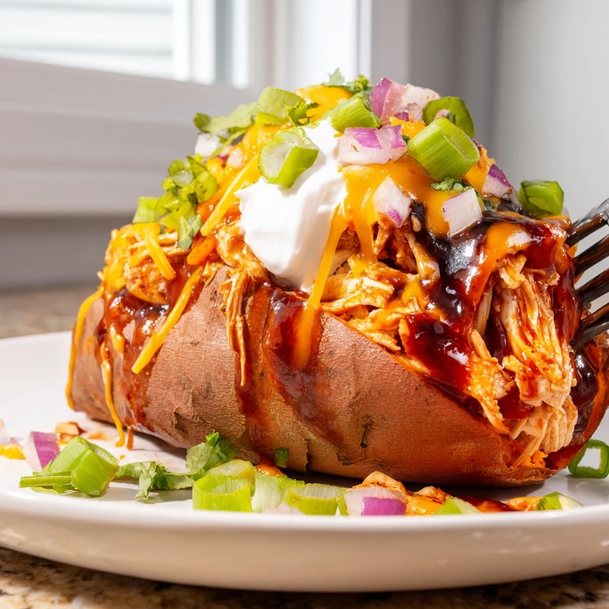 Crispy skinned sweet potatoes overflowing with tender smoky BBQ chicken and gooey melted cheese