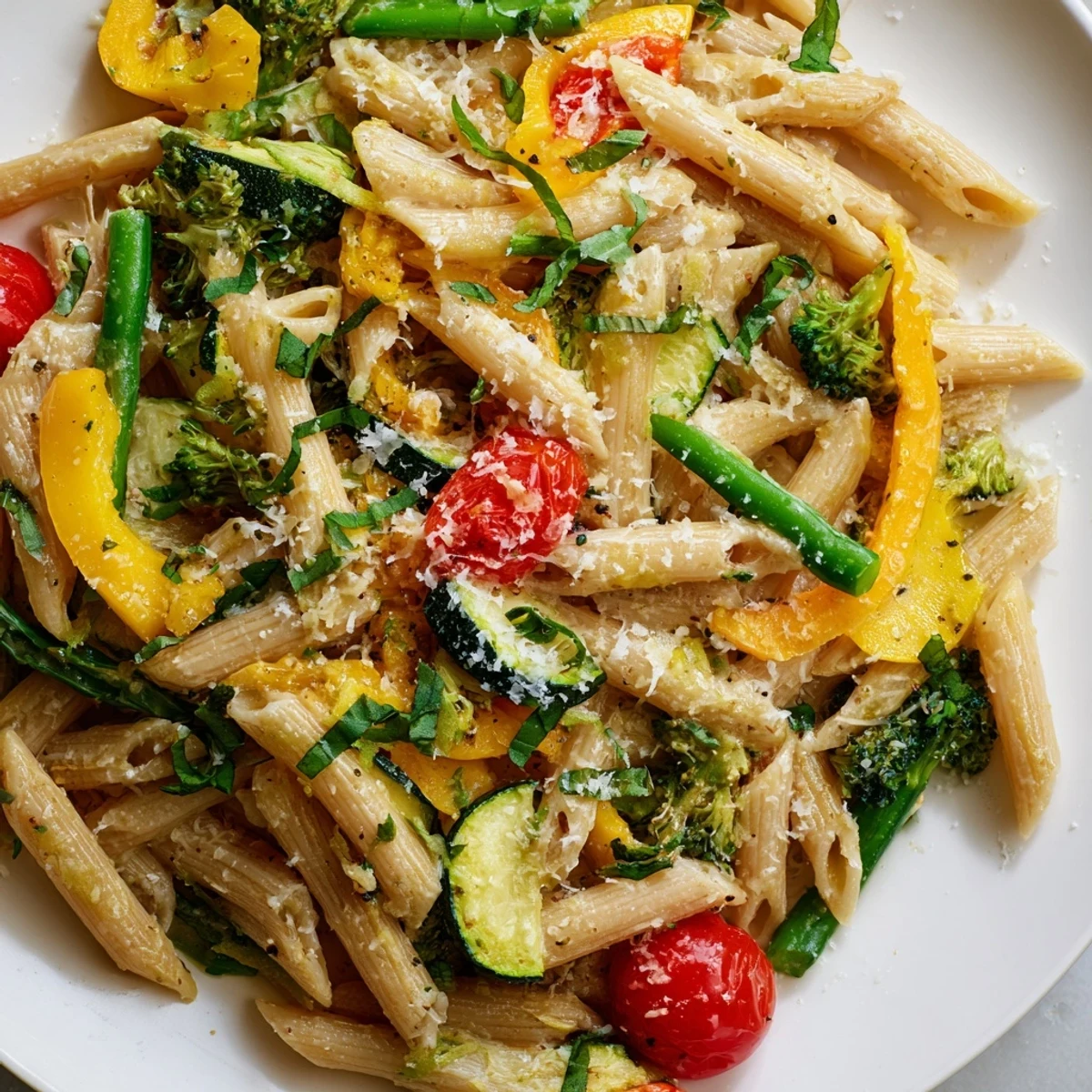 Colorful Pasta Primavera tossed with tender spring vegetables in a light garlic lemon sauce