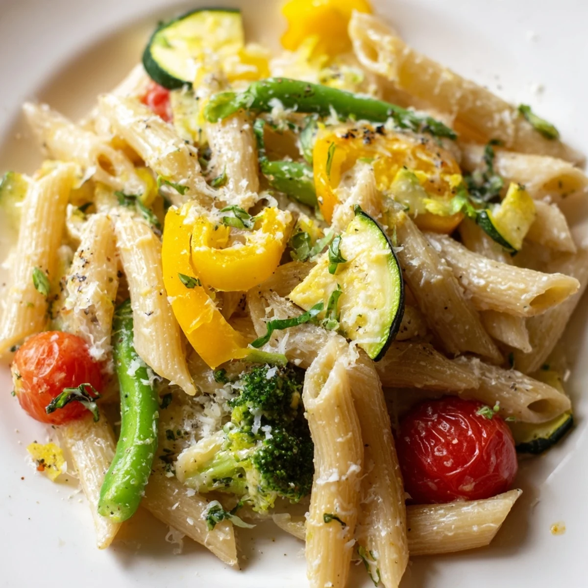 Vibrant Pasta Primavera featuring al dente penne, crisp broccoli, and juicy cherry tomatoes
