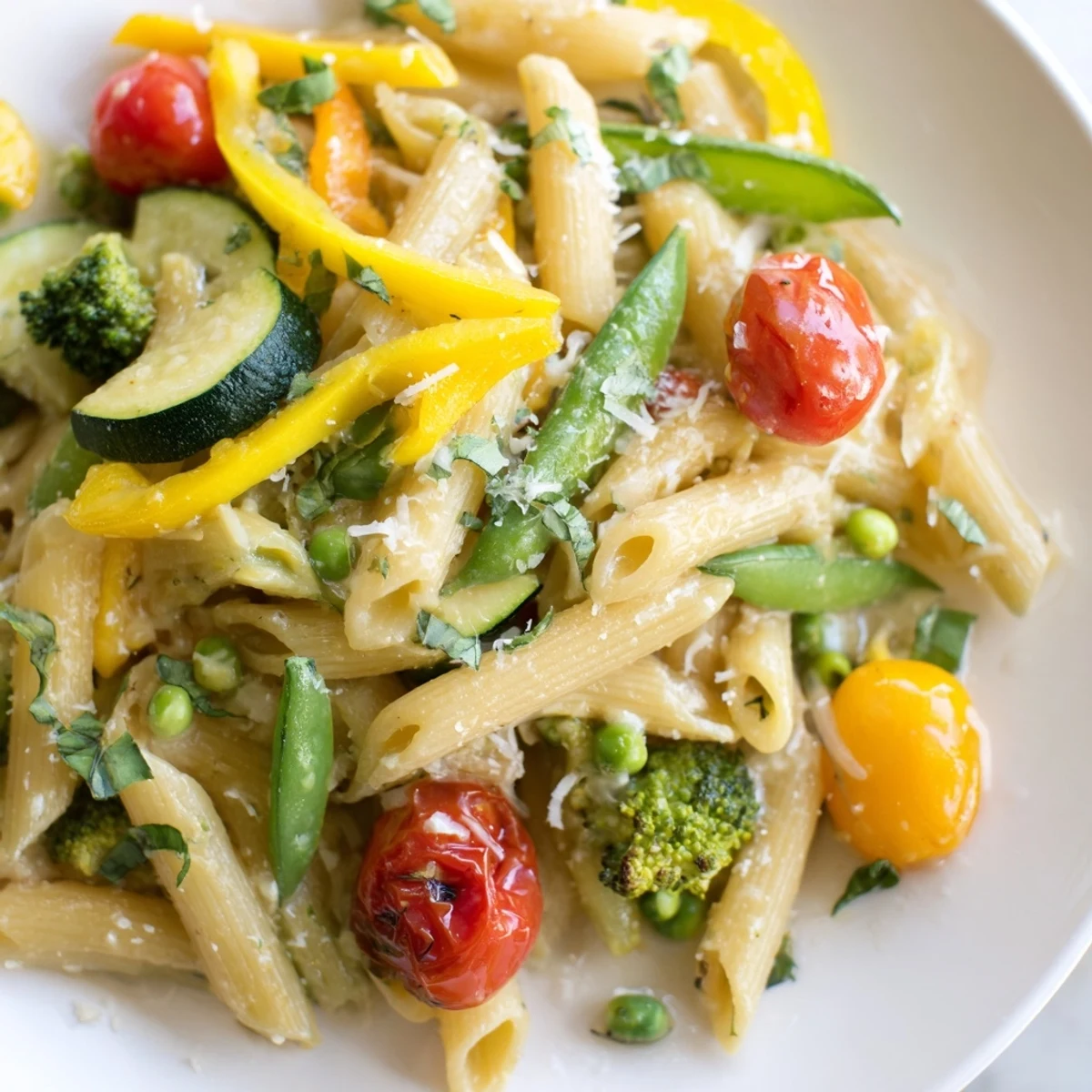 A steaming bowl of Pasta Primavera topped with fresh basil and grated Parmesan cheese