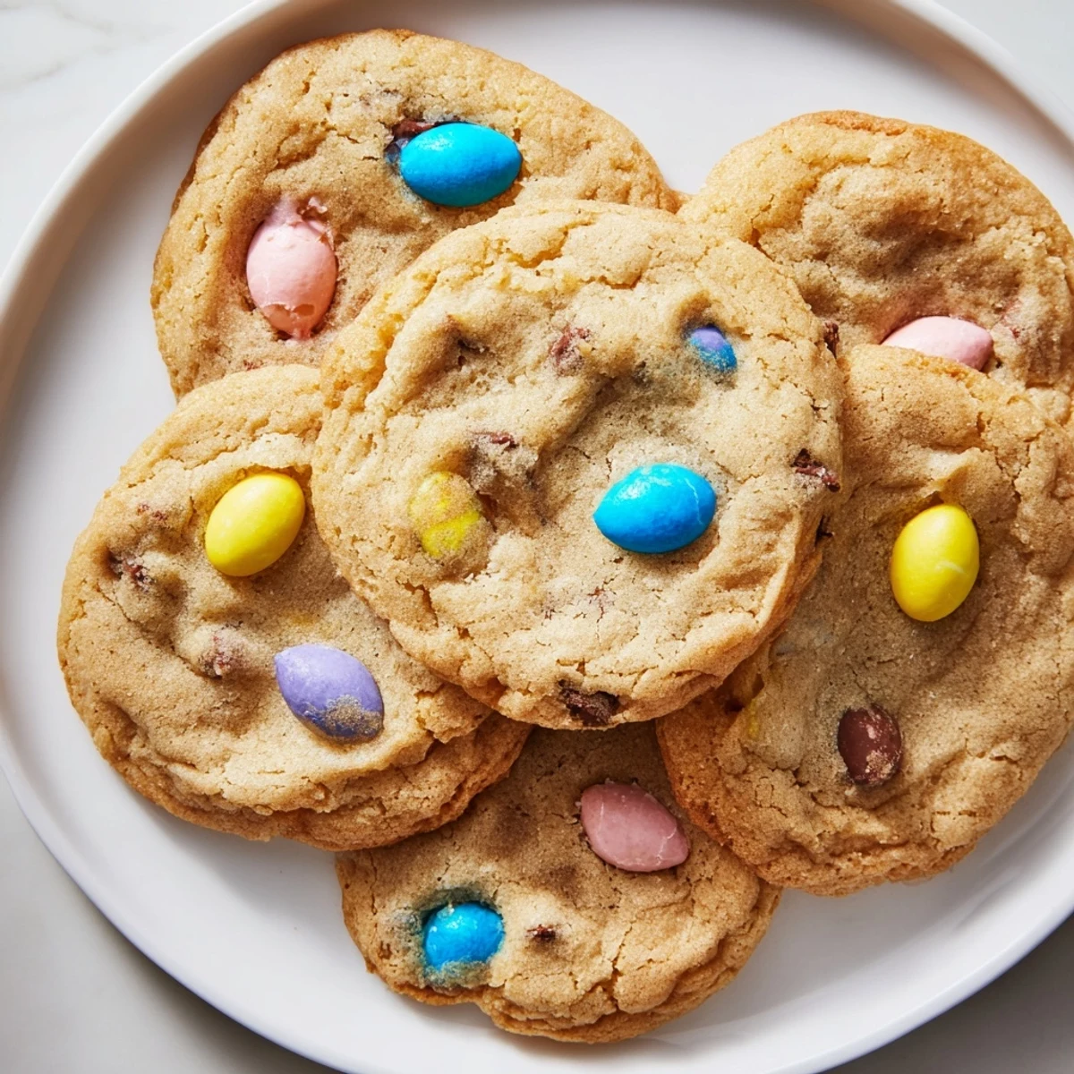 Soft Cadbury Egg Cookies with golden edges and colorful candy pieces on rustic baking sheet