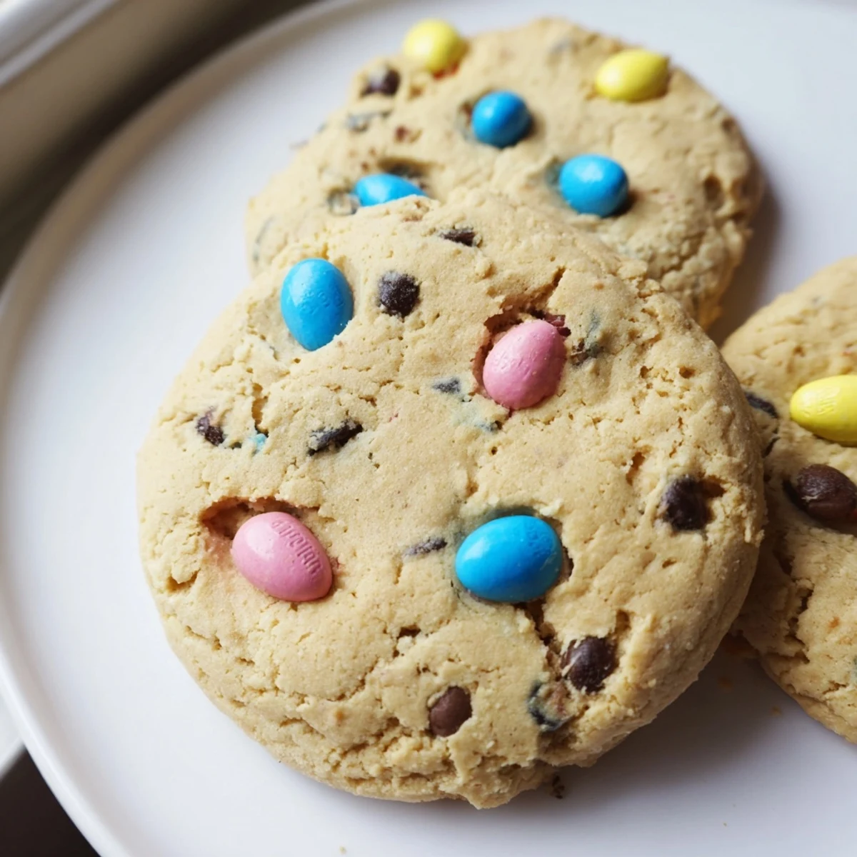 Chewy Cadbury Egg Cookies studded with chocolate chips and pastel mini eggs close-up view