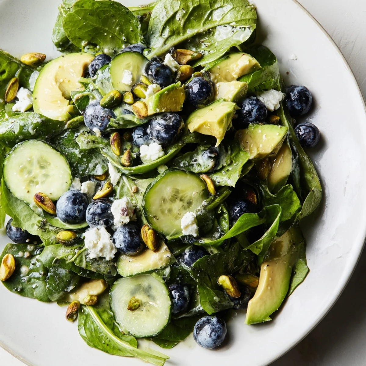 Fresh blueberry pistachio spring salad topped with crumbled feta and creamy avocado cubes