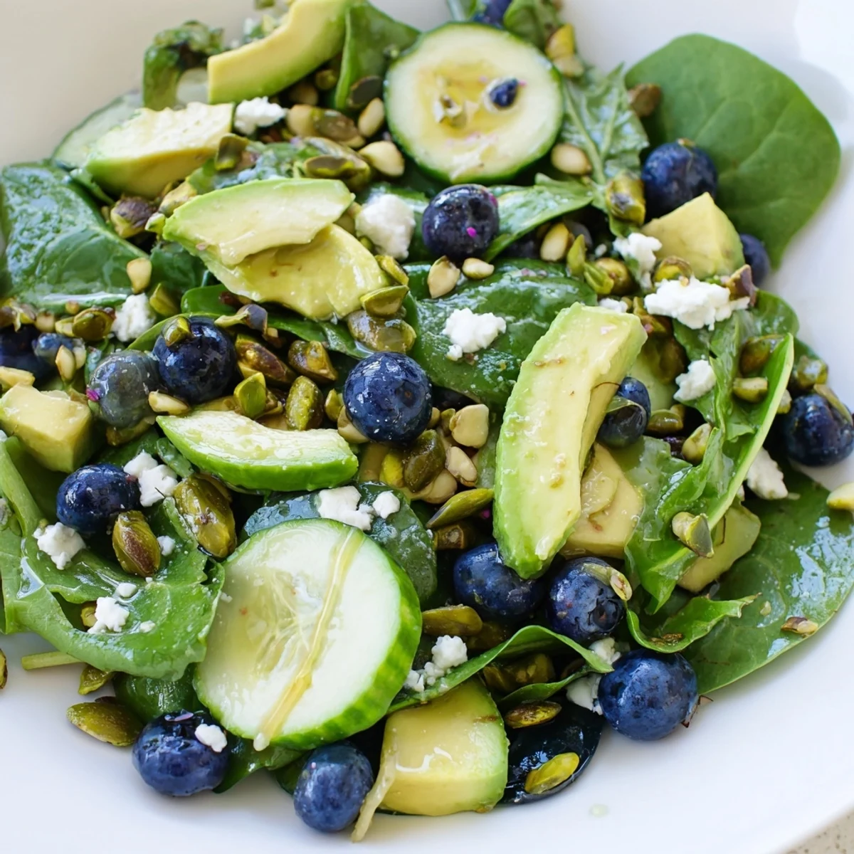 Crisp spring greens in blueberry pistachio salad drizzled with tangy lemon honey dressing