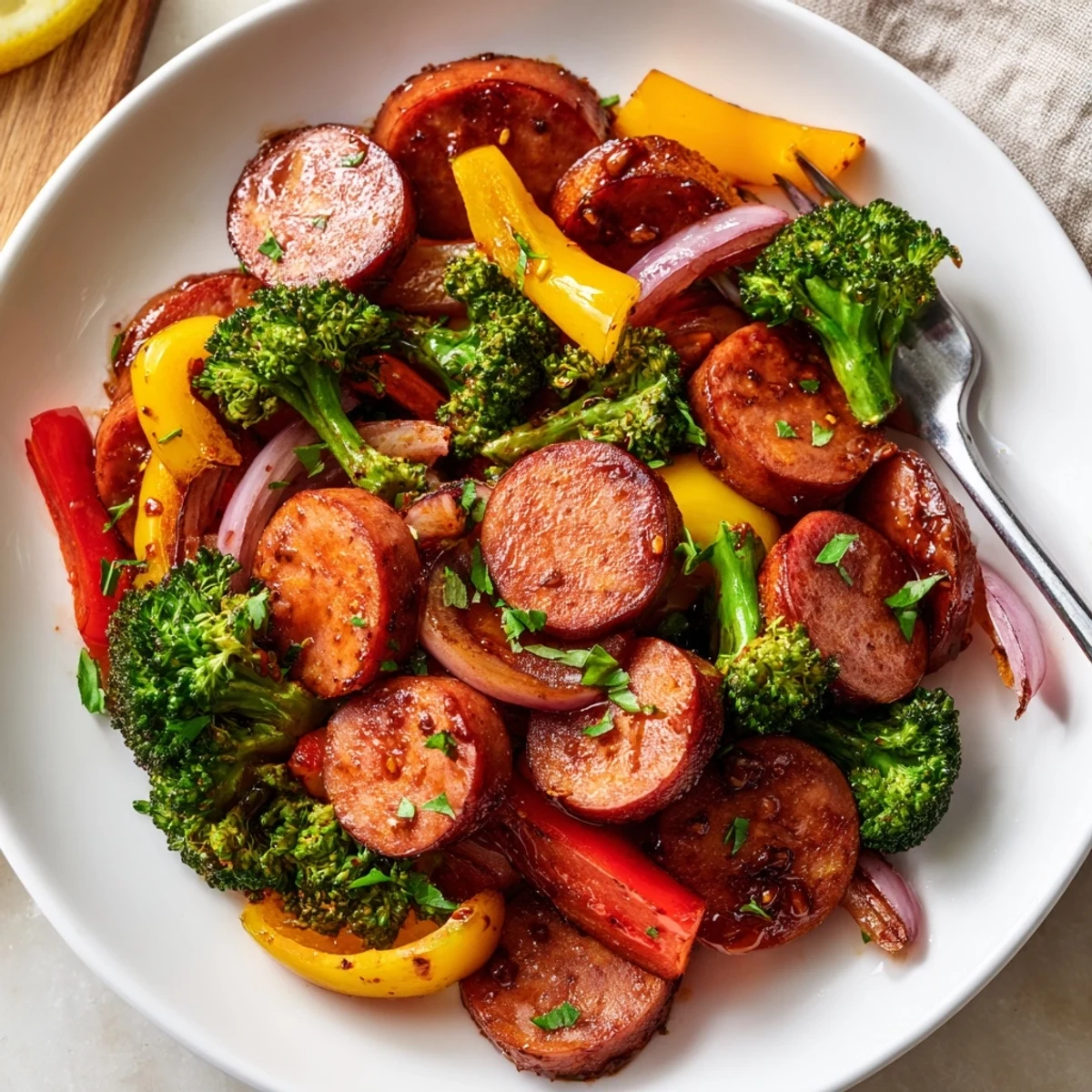 Glossy honey garlic kielbasa with roasted vegetables caramelized on a sheet pan