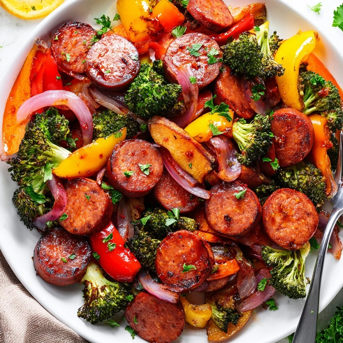 Smoky kielbasa slices nestled among vibrant tender broccoli peppers and carrots