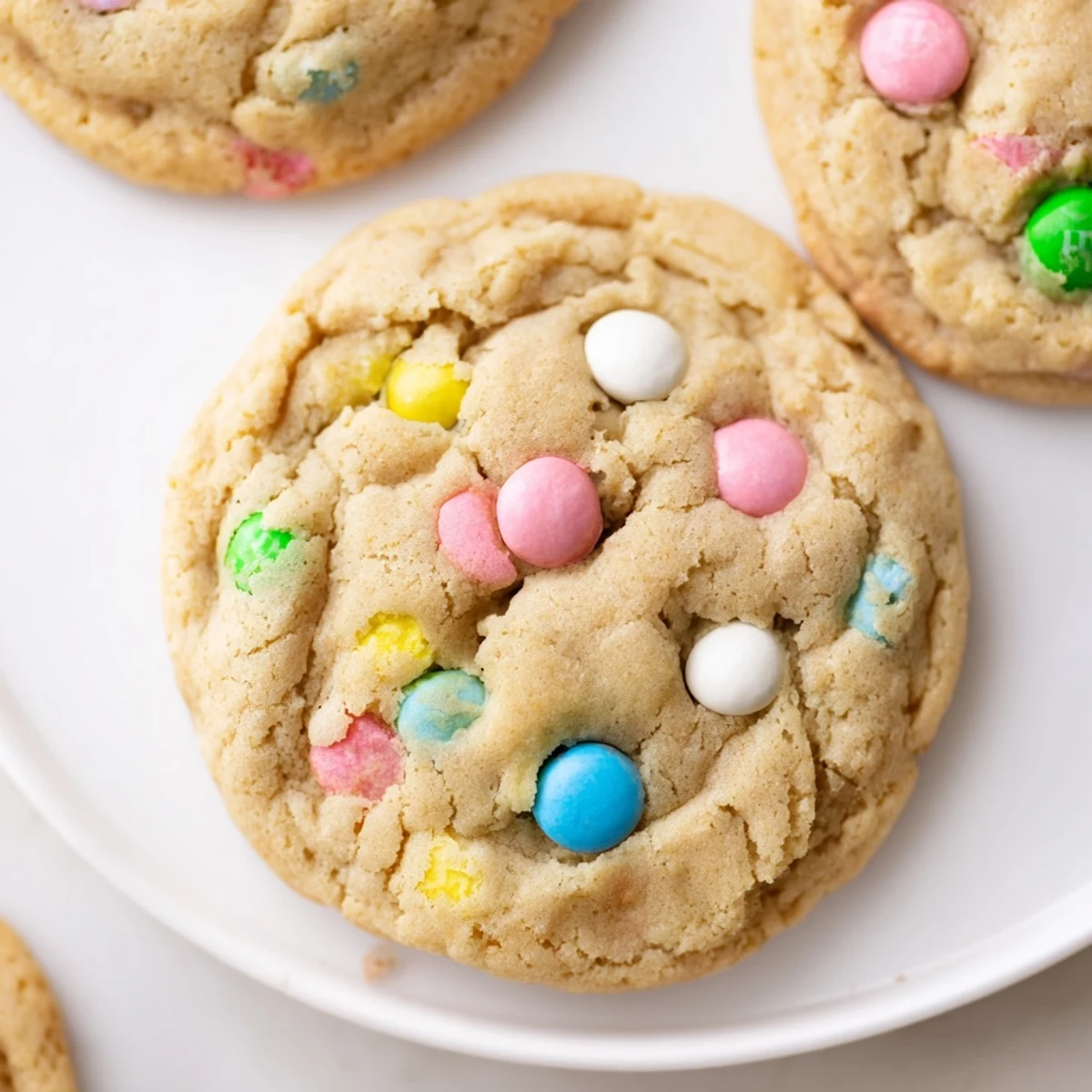 Soft chewy M&M bunny cookies topped with pastel candies on a rustic baking sheet