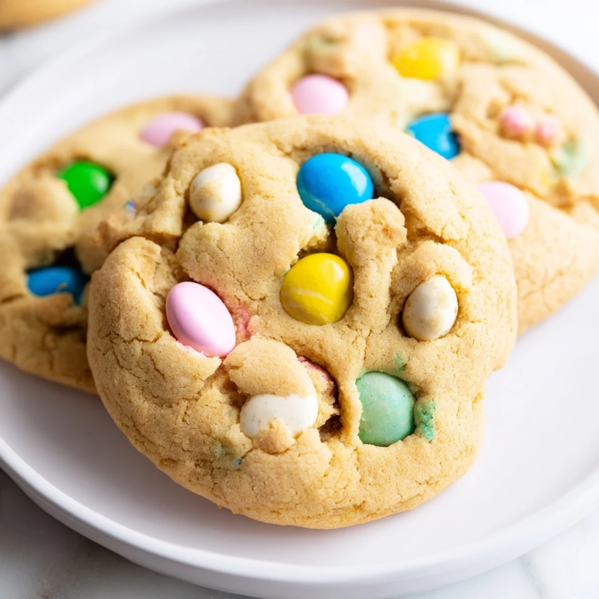 Warm M&M bunny cookies fresh from the oven with gooey centers and crispy edges
