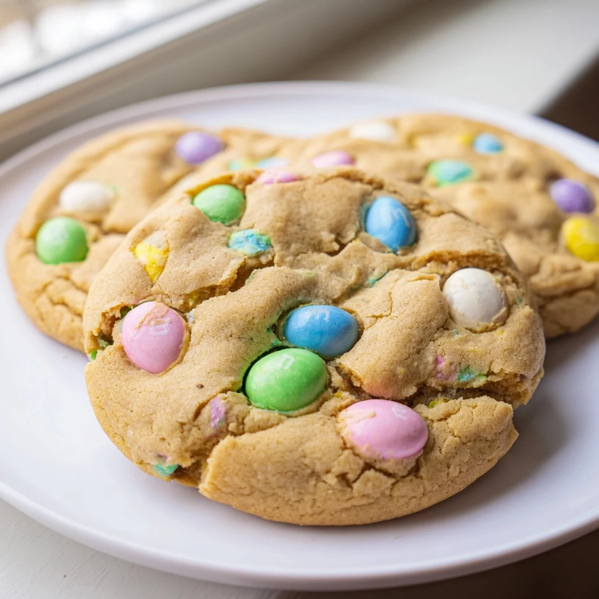 Plate of soft M&M bunny cookies surrounded by colorful Easter eggs and sprinkles