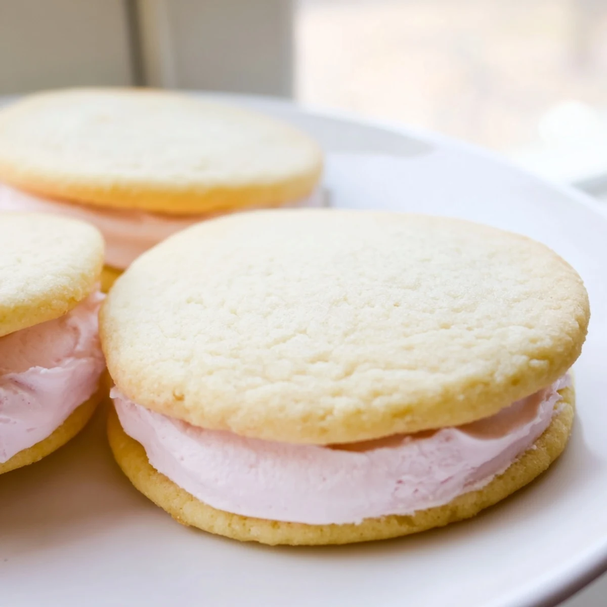 Soft pastel sugar cookie sandwiches with swirls of pink and yellow buttercream on a rustic wooden board