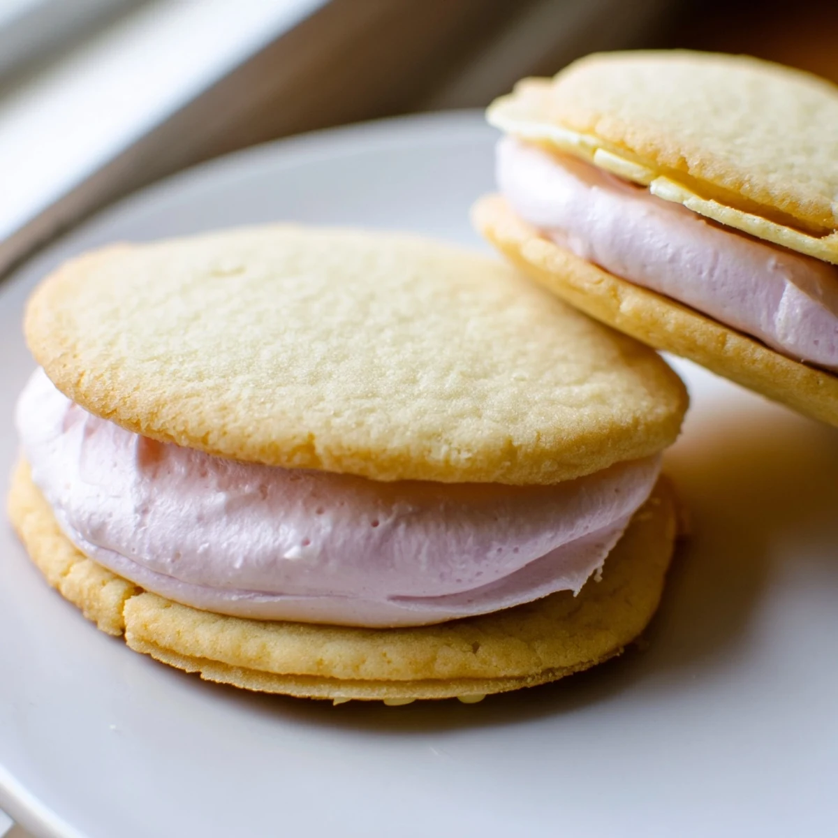 Pastel sugar cookie sandwiches piled on a tiered platter dusted with powdered sugar for a spring party