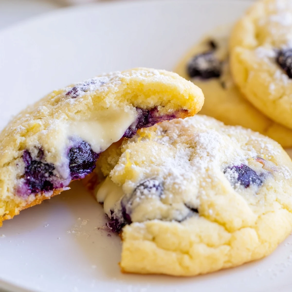 Soft lemon blueberry cheesecake cookies with golden edges and creamy centers on a rustic baking sheet