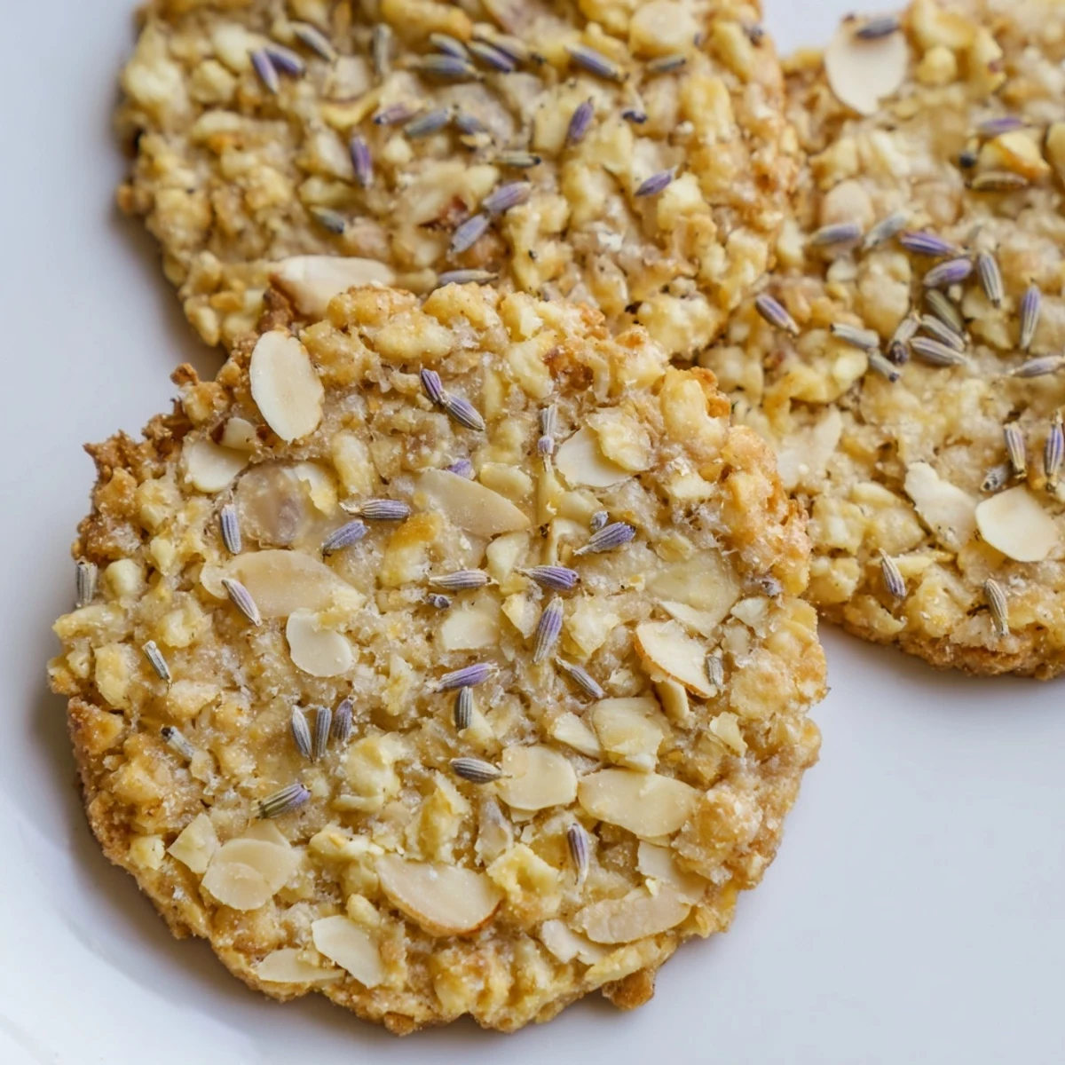 Golden lavender honey crunch cookies with toasted nuts on a rustic baking sheet