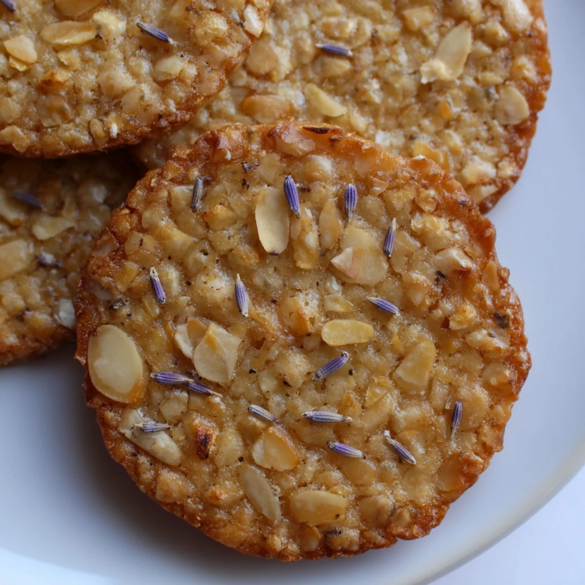 Crisp lavender honey crunch cookies drizzled with white chocolate beside a steaming teacup