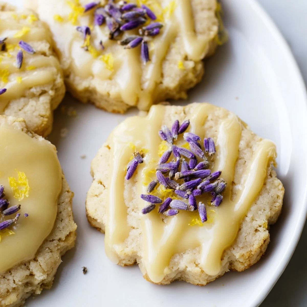 Iced lemon lavender shortbread cookies with glossy white icing drizzled elegantly on top