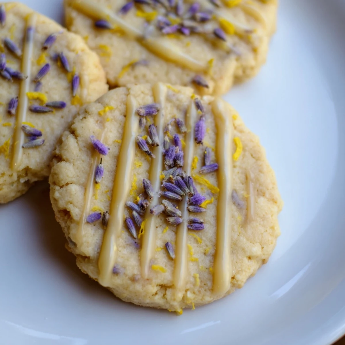Buttery shortbread cookies with lemon glaze and lavender buds on a rustic baking sheet