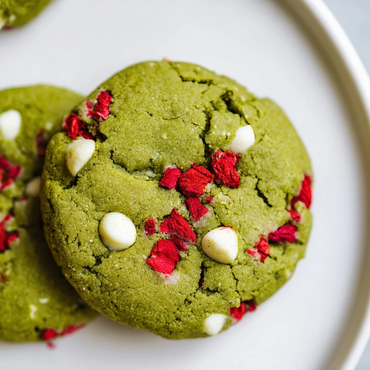 Soft strawberry matcha cookies with vibrant green color and pink fruit pieces on rustic baking sheet