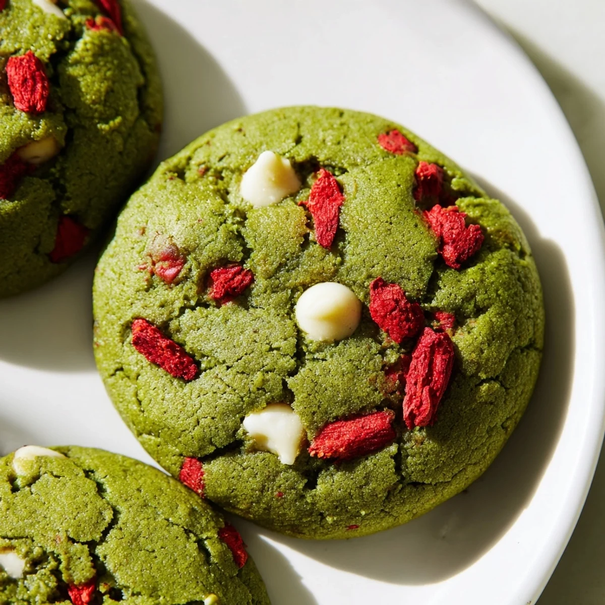 Chewy strawberry matcha cookies fresh from oven with crackly edges and bits of freeze-dried berries