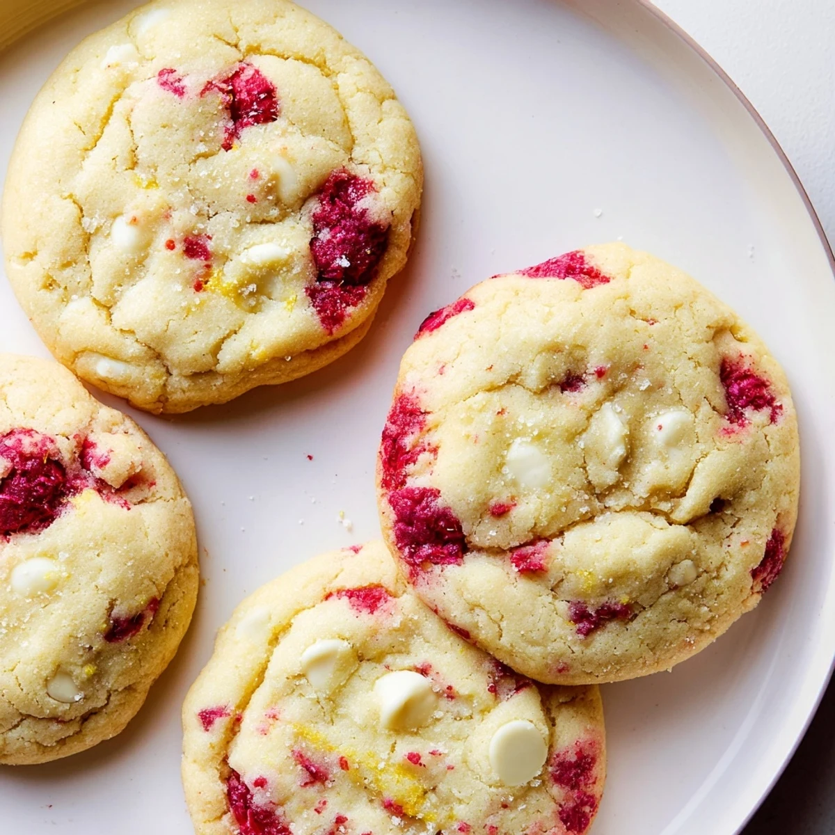 Soft lemon raspberry cookies with golden edges on a rustic parchment-lined baking sheet