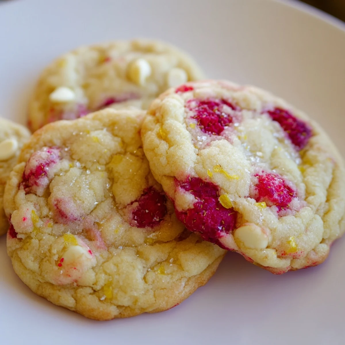 Chewy lemon raspberry cookies studded with bright red berries and white chocolate chips