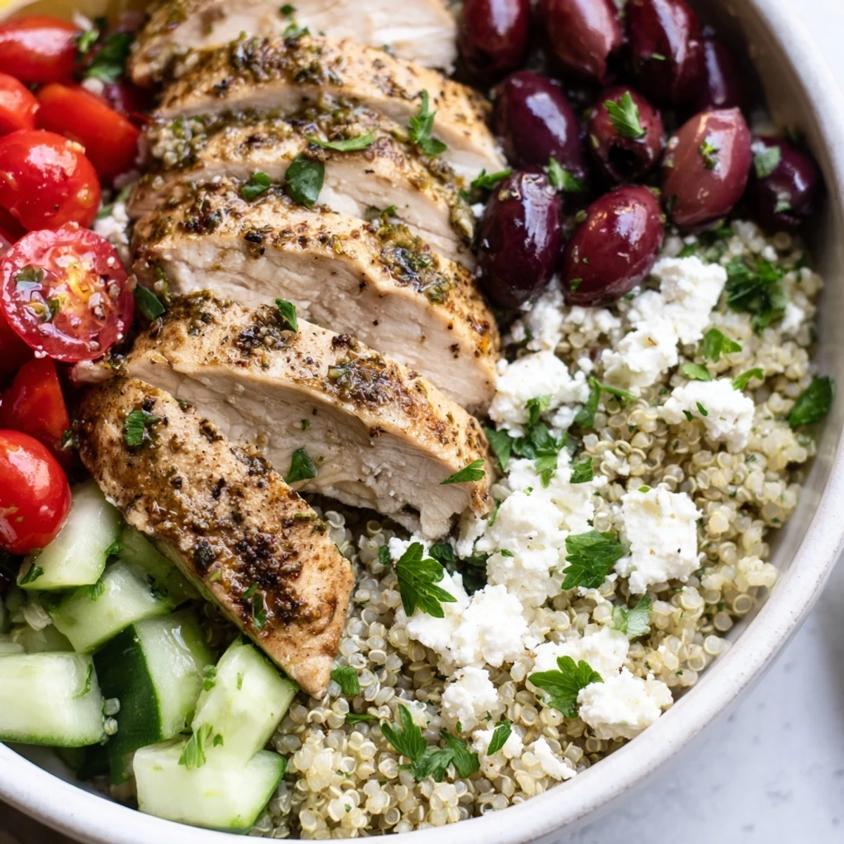 Mediterranean chicken quinoa bowl with sliced grilled chicken, fresh vegetables, and tangy feta cheese