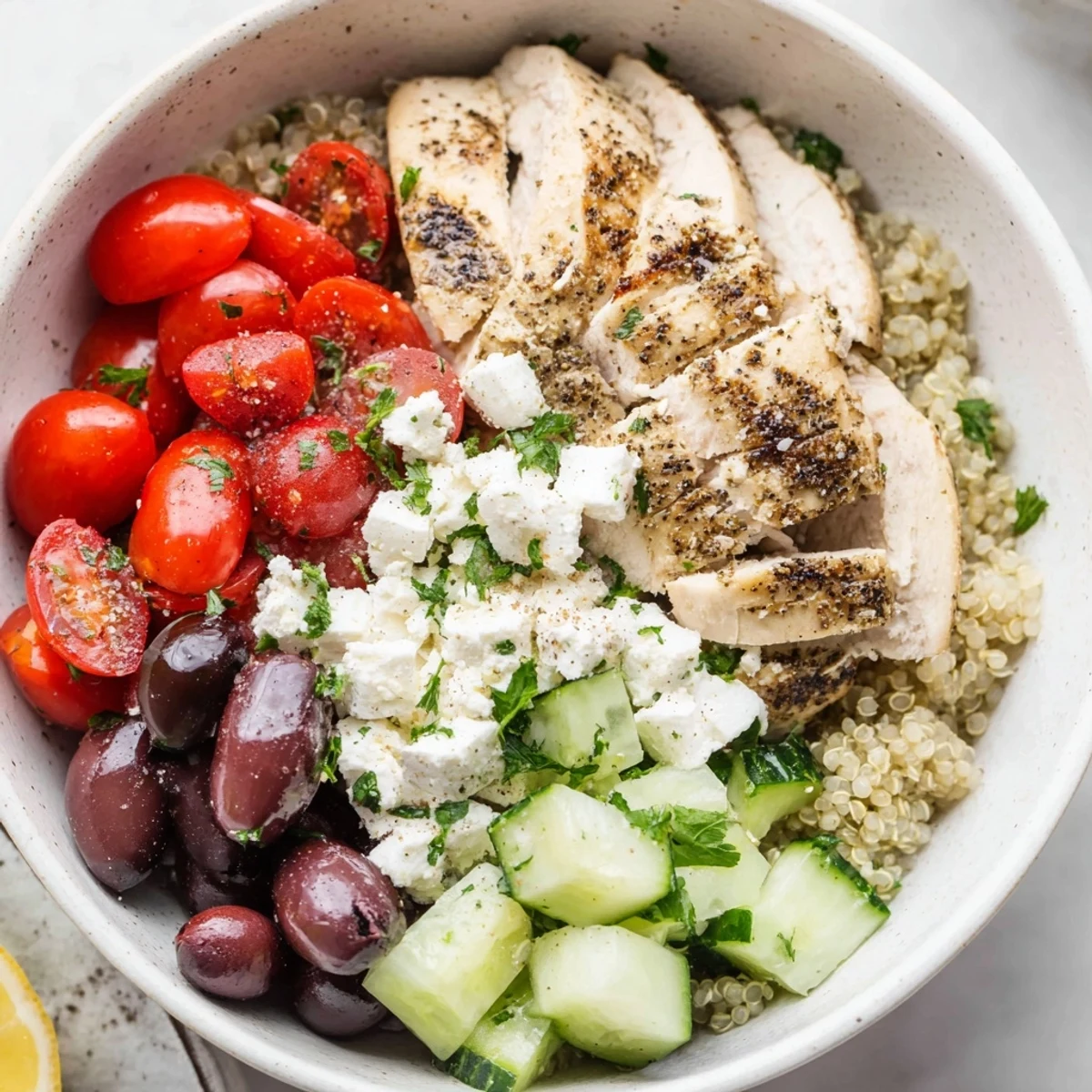 Fluffy quinoa topped with herb-marinated chicken, crisp cucumbers, and bright Mediterranean seasonings