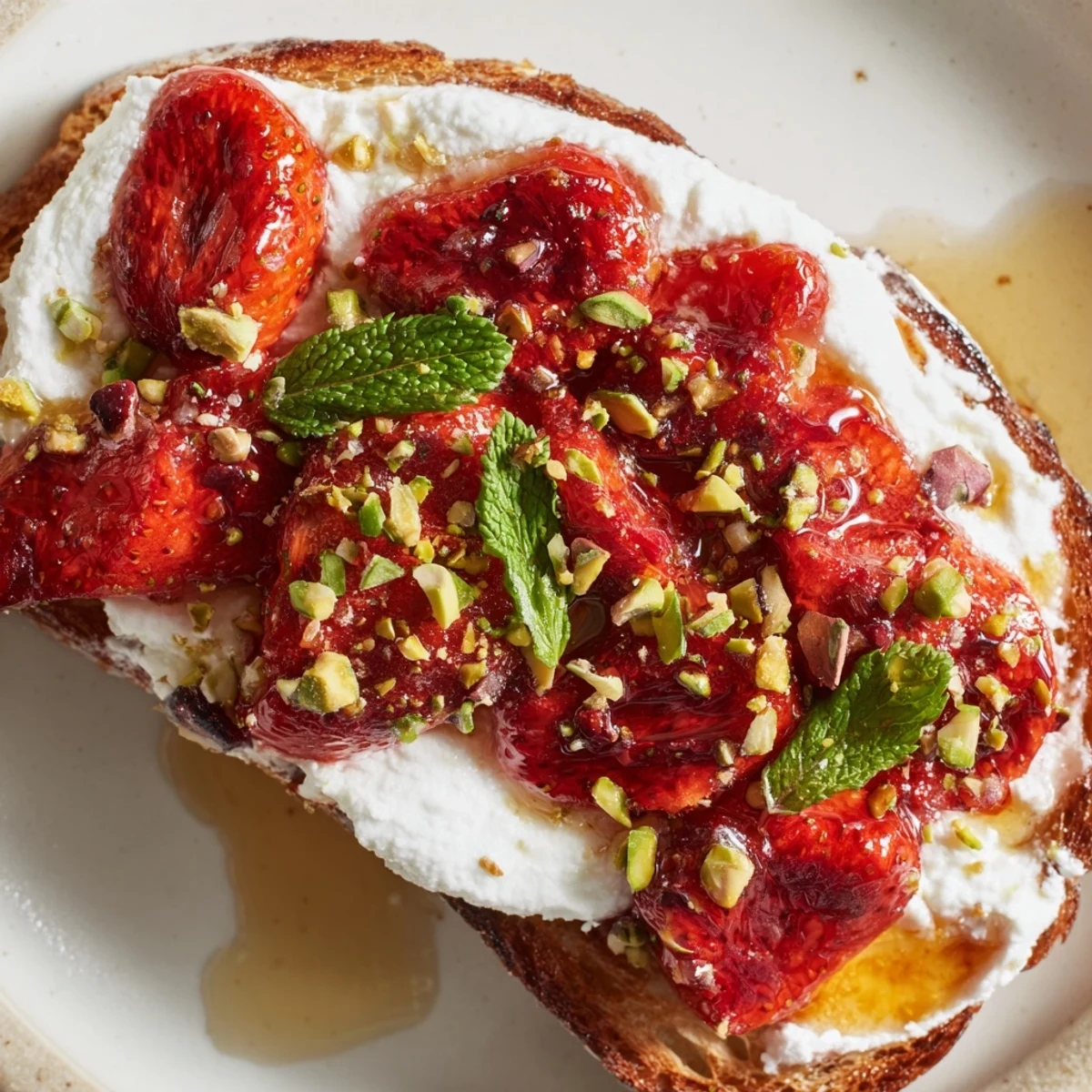 Creamy whipped ricotta on crispy toast topped with syrupy roasted strawberries and fresh mint