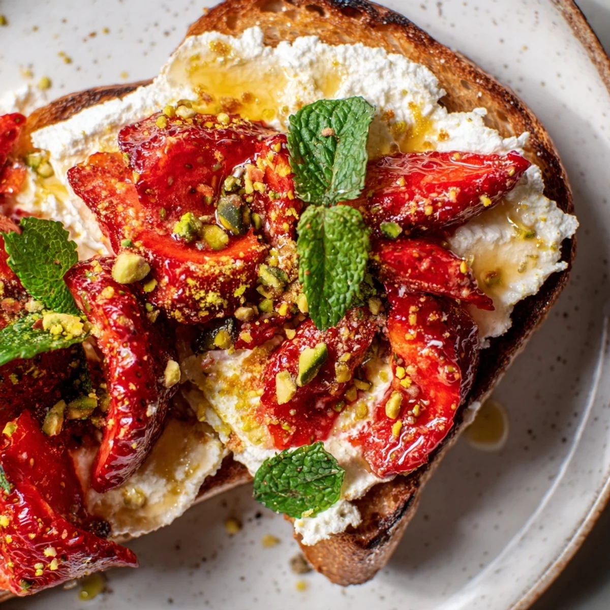 Golden sourdough slices spread with fluffy whipped ricotta and piled high with roasted strawberries