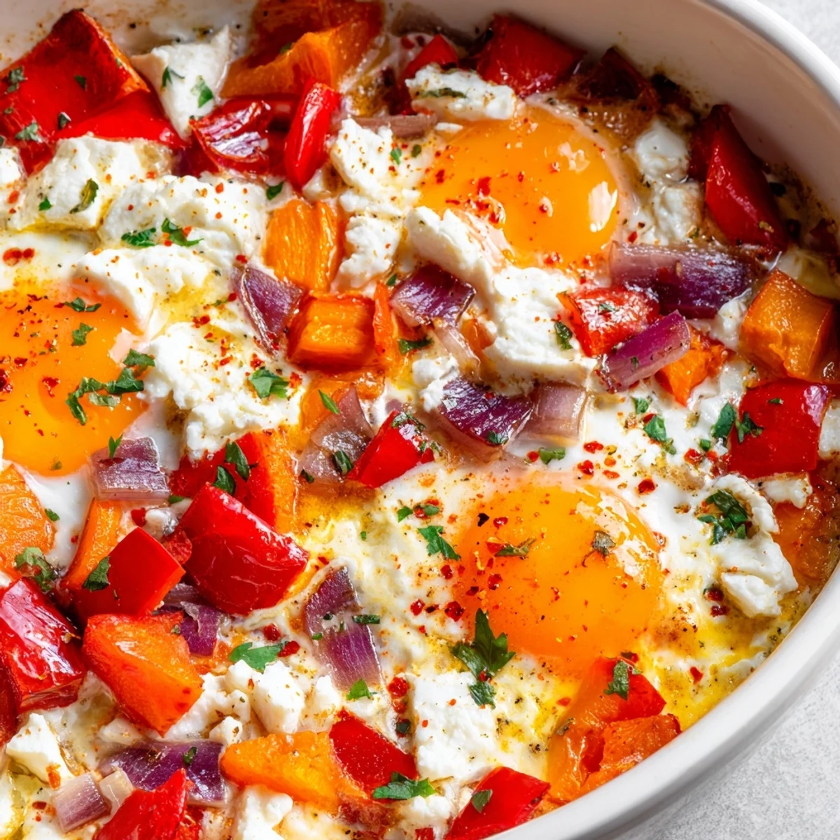 Golden baked feta eggs with runny yolks nestled in creamy cheese and roasted vegetables