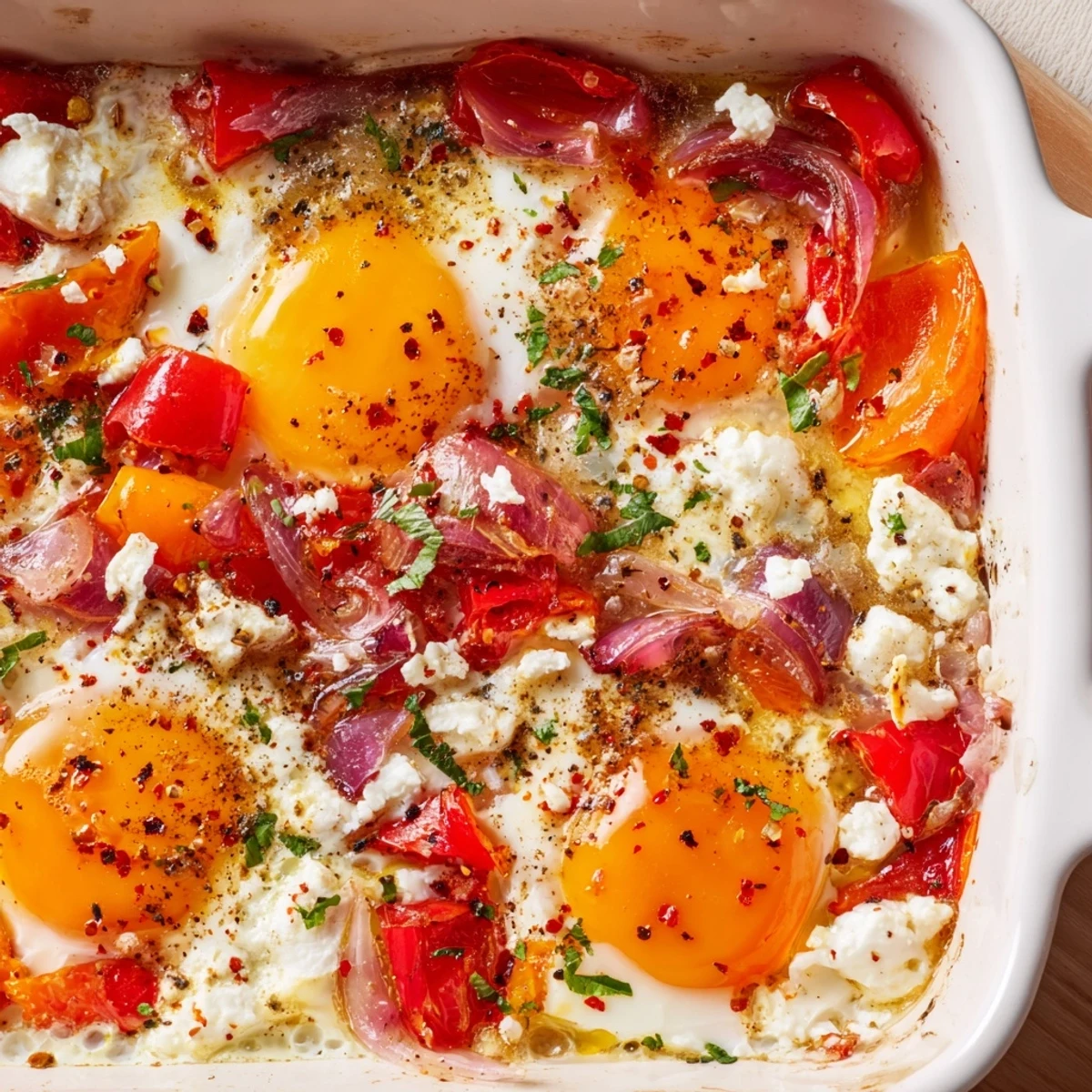 Warm baked feta eggs in a cast iron skillet topped with fresh parsley and peppers