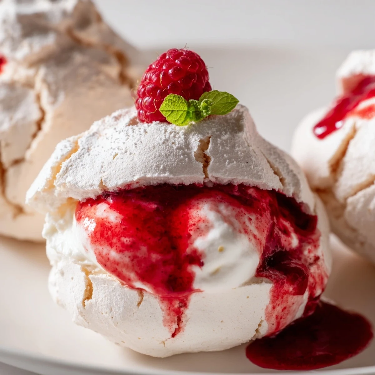 Crisp pavlova bombs with pillowy whipped cream and bright red raspberry coulis drizzled on top