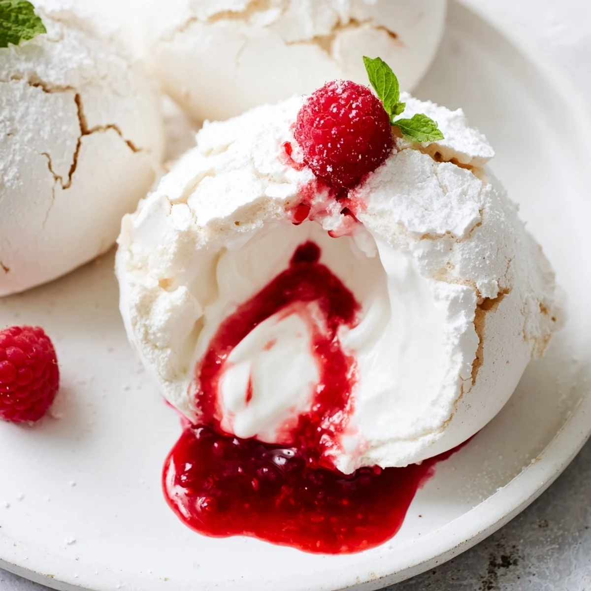 Golden meringue pavlova bombs filled with fluffy cream and tangy raspberry sauce on white plate