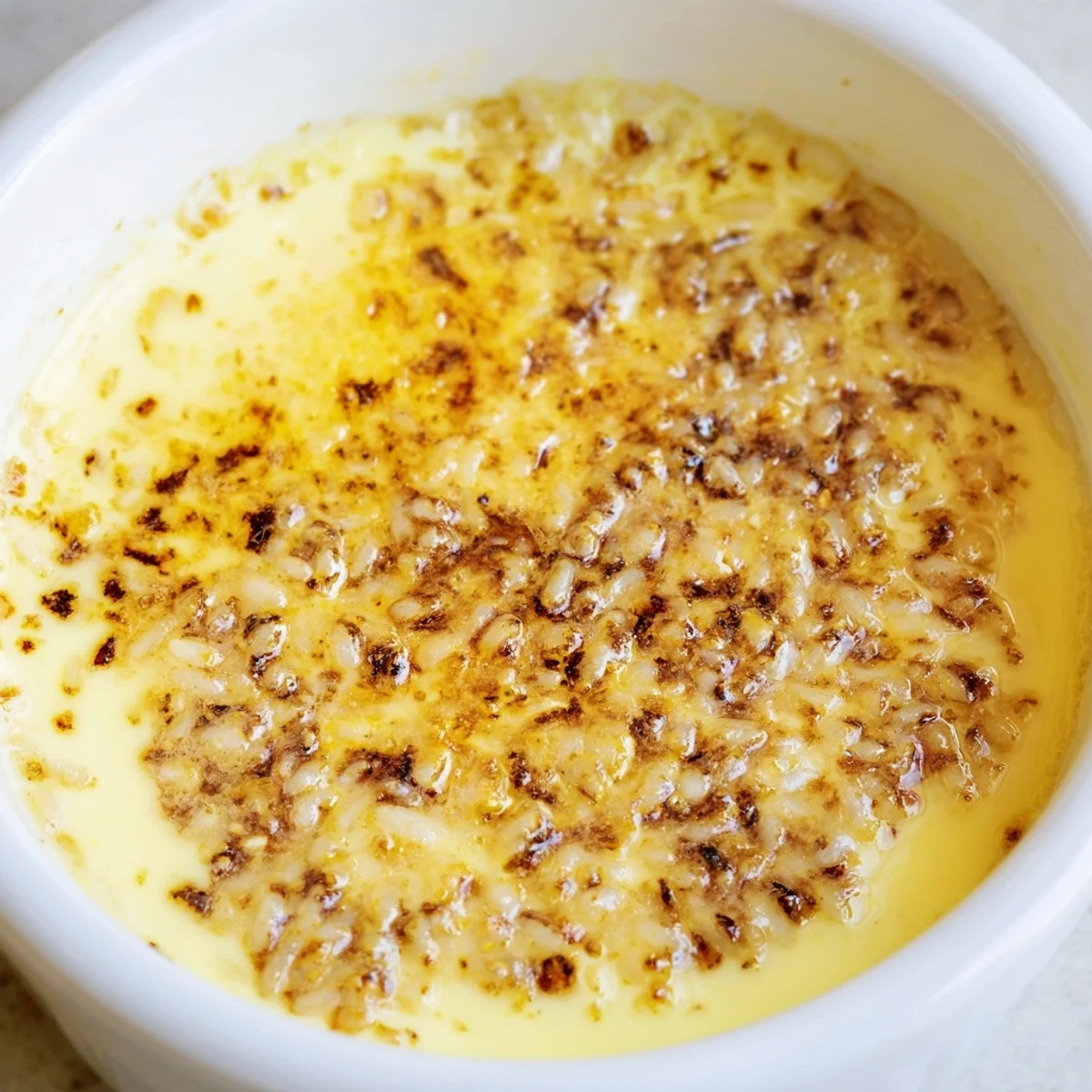 Creamy Portuguese rice custard in ramekins topped with golden cinnamon sugar sprinkled evenly
