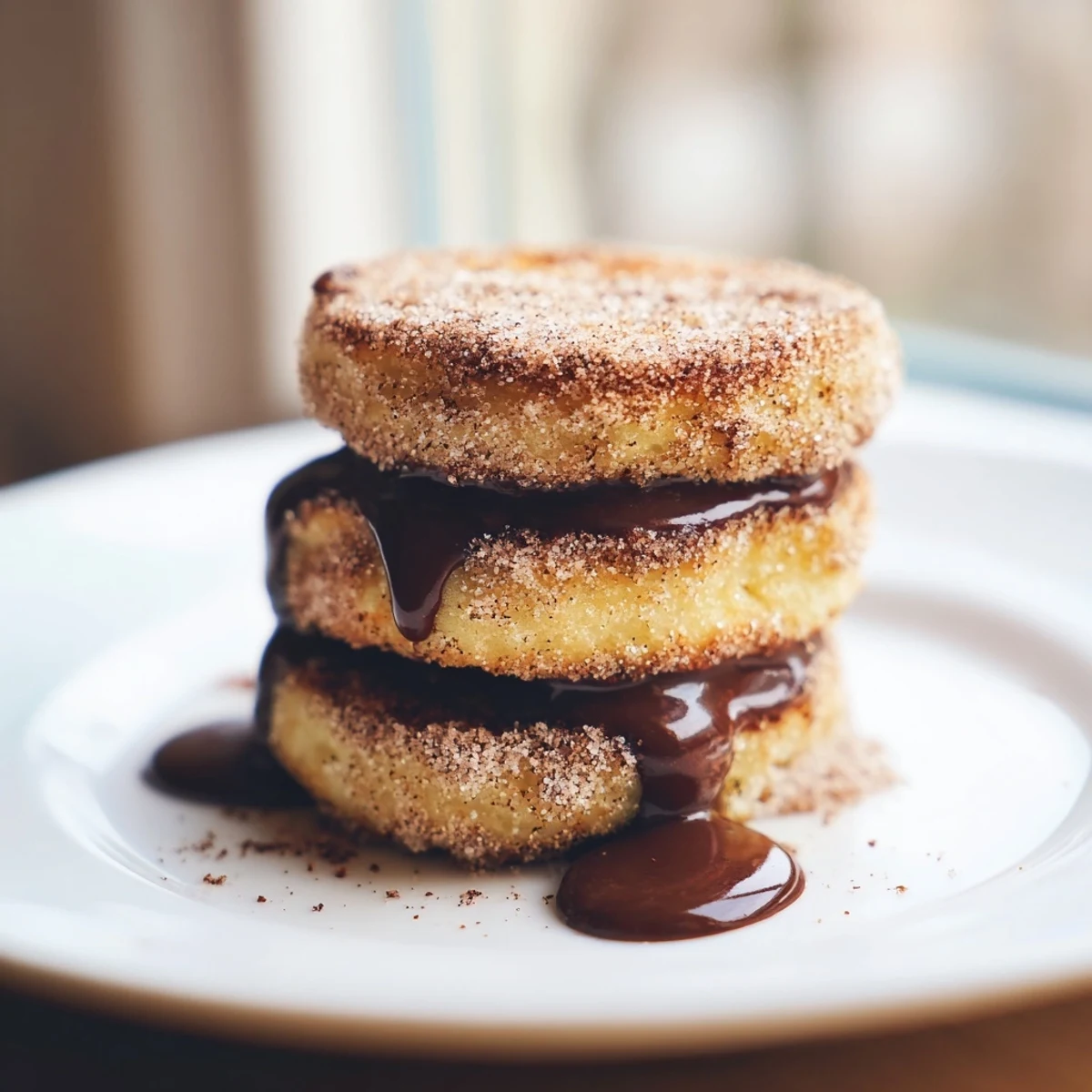 Golden Spanish Churro Pancakes stacked high with rich chocolate sauce drizzled generously on top