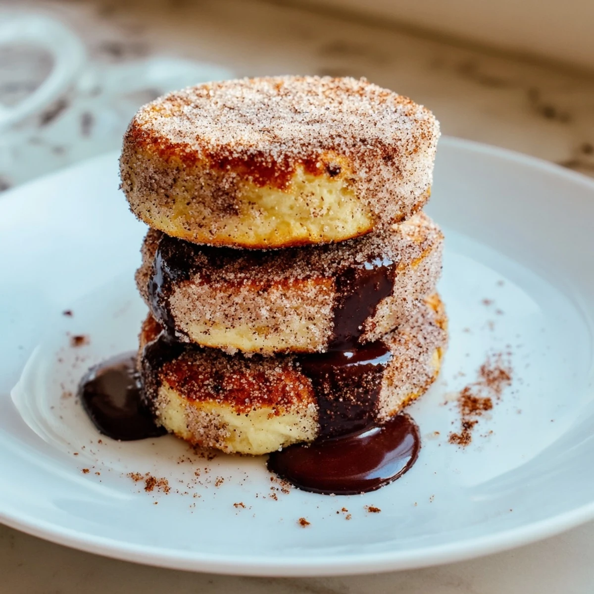 Fluffy Spanish Churro Pancakes dusted with cinnamon sugar and served with warm dipping chocolate