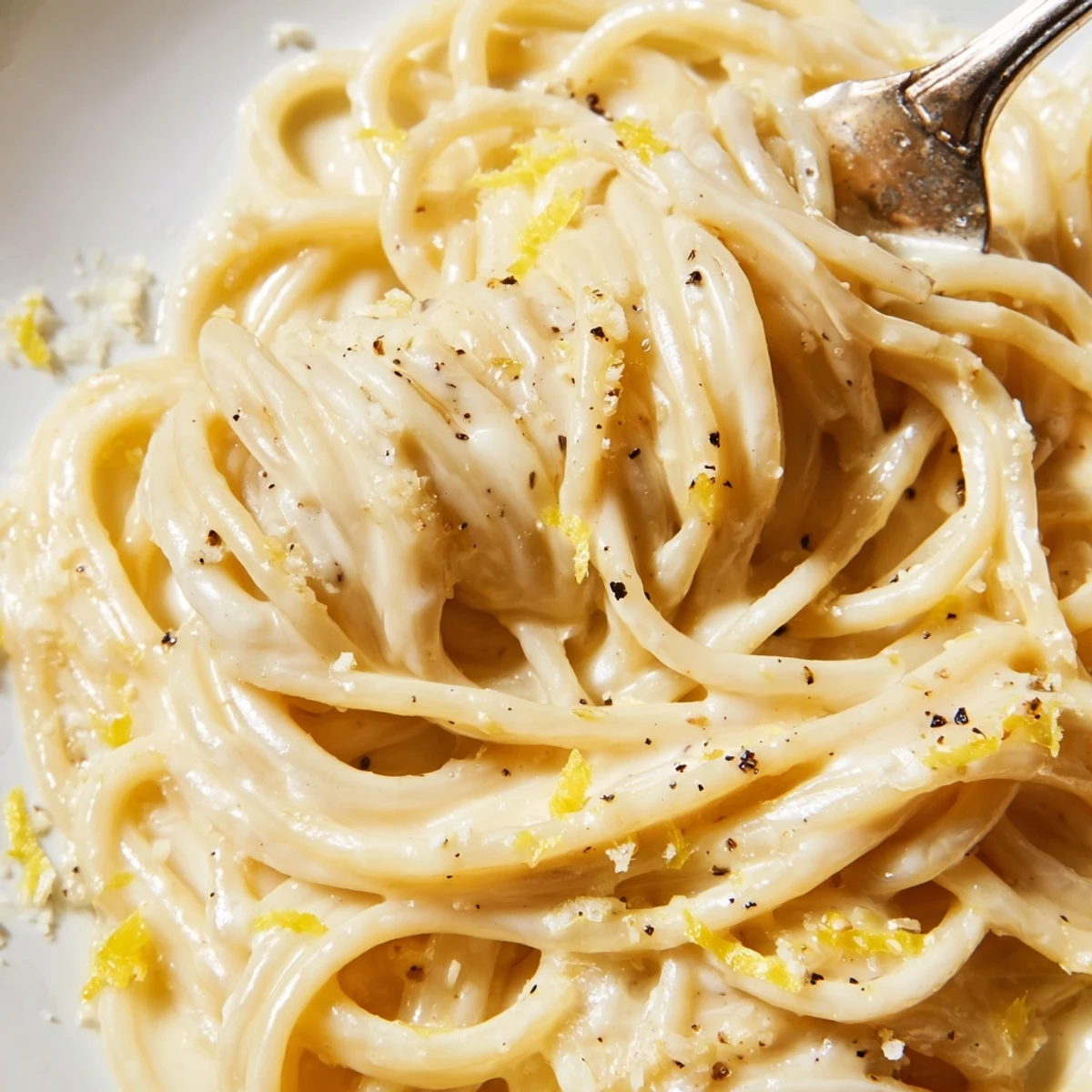 Creamy Parmesan Lemon Pasta twirled on a fork with fresh herb garnish and extra cheese