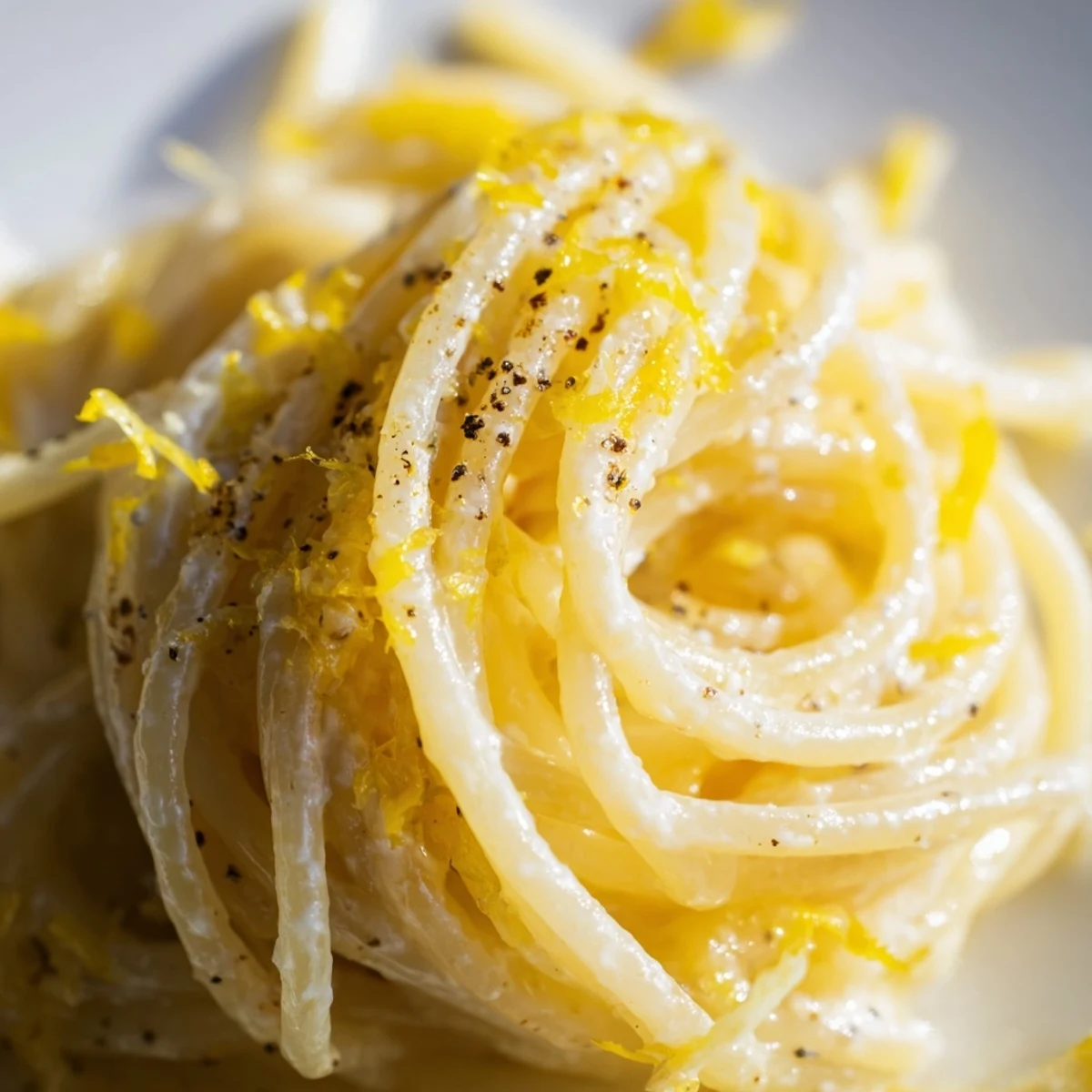 Steaming plate of Parmesan Lemon Pasta topped with cracked black pepper and grated cheese
