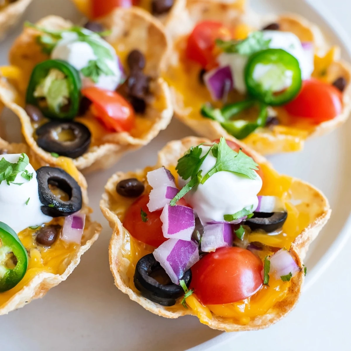 Golden cheesy nacho cups with melted cheddar, black beans, and fresh toppings arranged on a rustic serving board