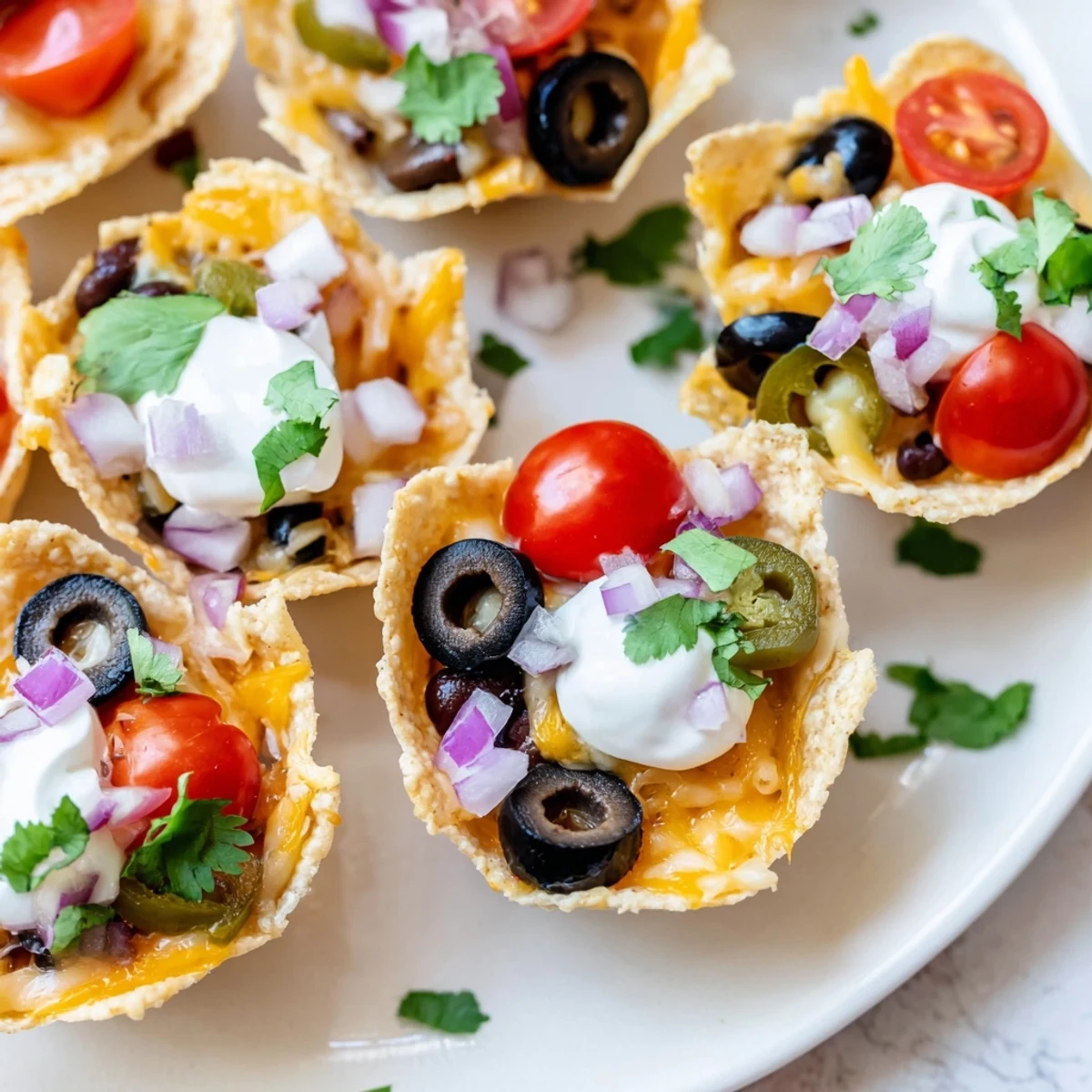 Crispy tortilla cups overflowing with gooey melted cheese and zesty garnishes, perfect for game day snacking