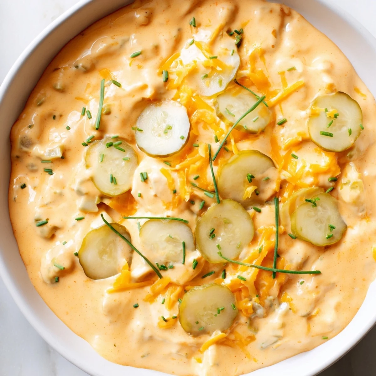 Creamy Buffalo pickle dip in a serving bowl surrounded by crunchy chips and fresh veggie sticks for dipping