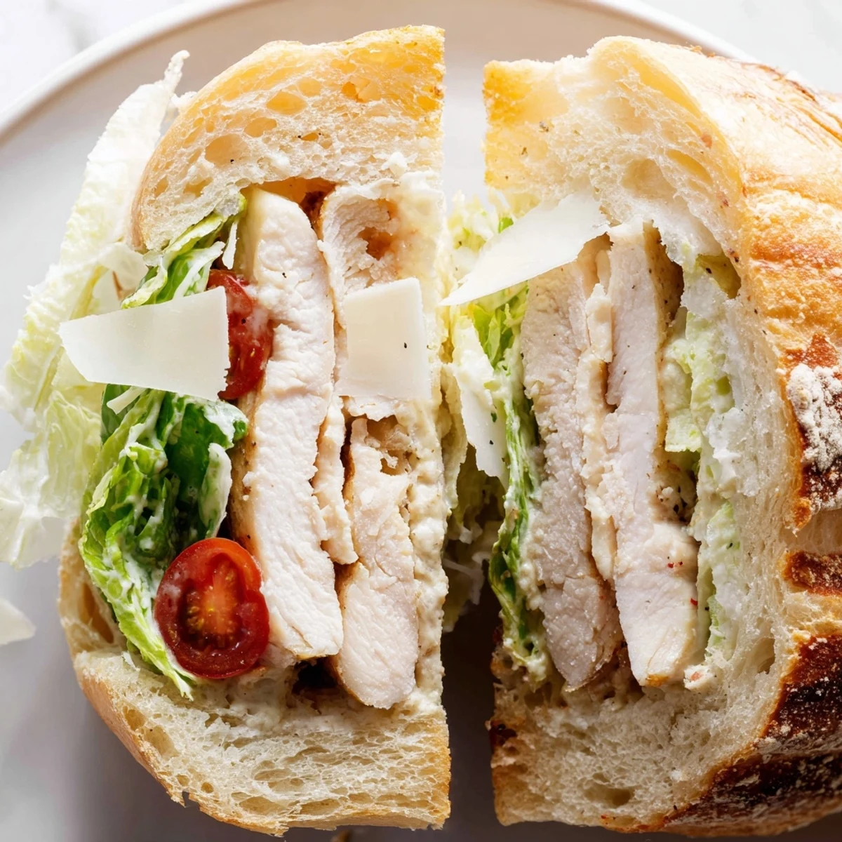 Juicy grilled chicken Caesar sandwich with crisp romaine and creamy dressing on golden toasted ciabatta