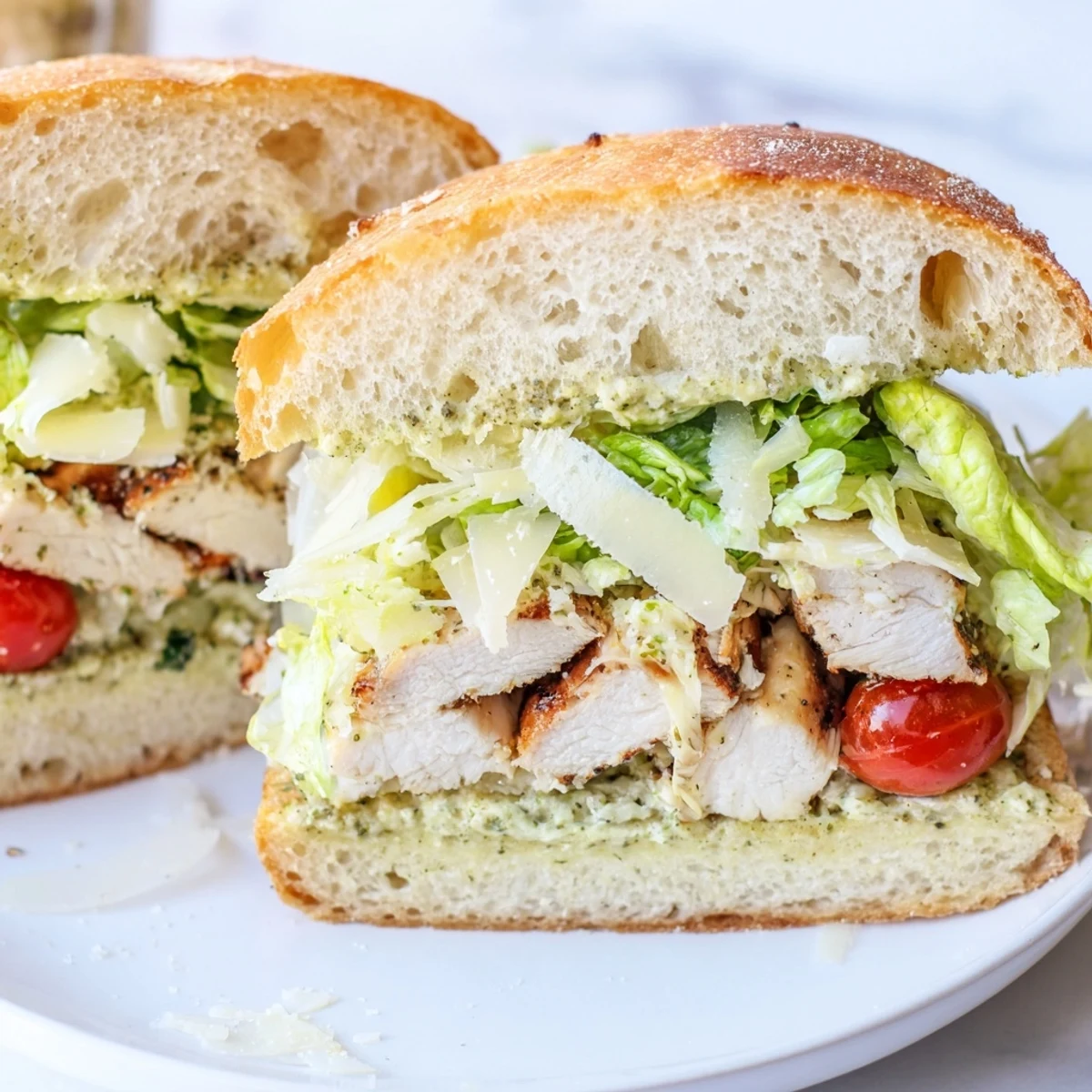 Toasted chicken Caesar sandwich topped with shaved Parmesan and fresh romaine on a rustic roll