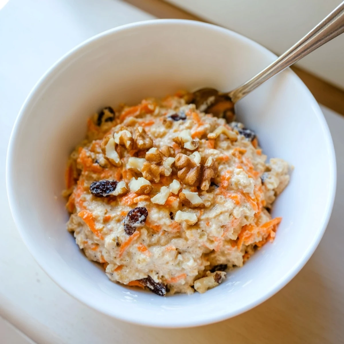 Carrot Cake Overnight Oats served in a glass jar topped with crunchy walnuts and a sprinkle of warm cinnamon