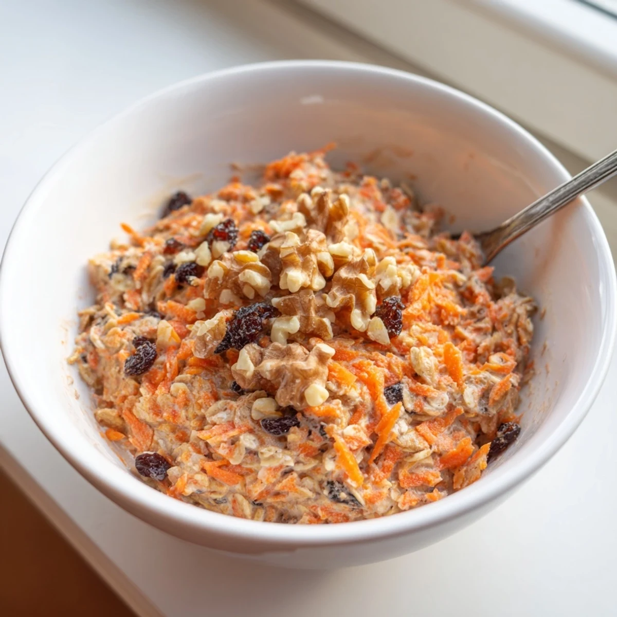 Creamy Carrot Cake Overnight Oats with grated carrots, sweet raisins, and spices in a chilled breakfast bowl
