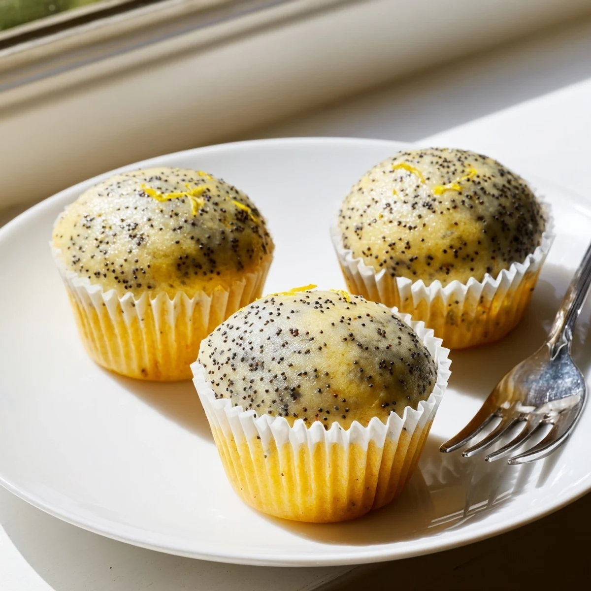 Moist lemon poppy seed muffins studded with tiny black seeds beside a bowl of zest