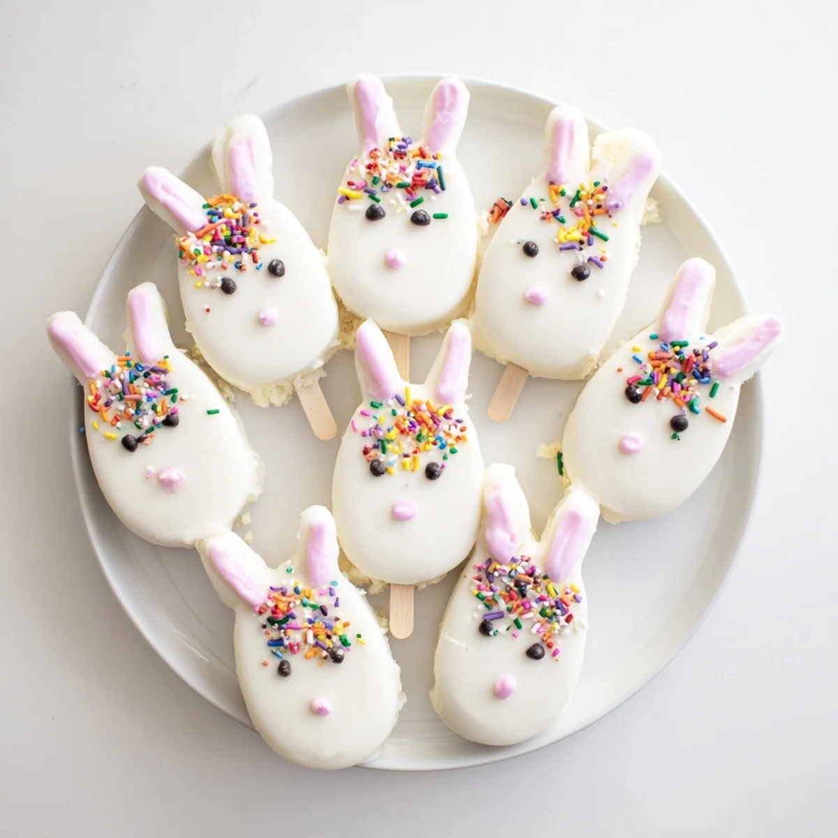 Adorable white chocolate bunny cakesicles with candy eyes on sticks for Easter